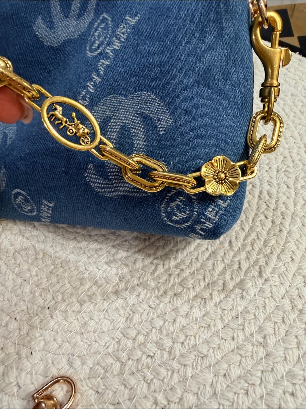 NEW | Blue Denim Logo Cosmetic Pouch with Gold-Tone Chain Strap & Bow Charm - Picture 5 of 9